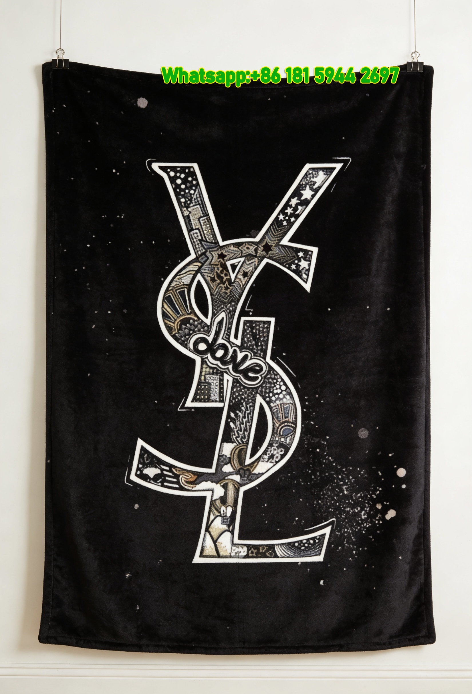 Yves Saint Laurent YSL Black and White Graffiti Logo Print Flannel Sofa Throw Blanket Luxury Street Art Decor Blanket IMG_3247